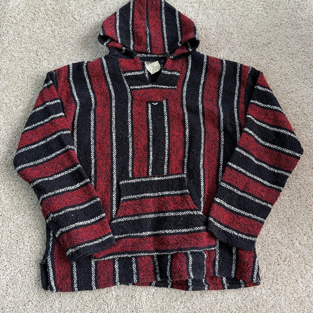 Canyon Creek Hoodie Mens XL Red Black Striped Pullover Baja Knit Sweatshirt